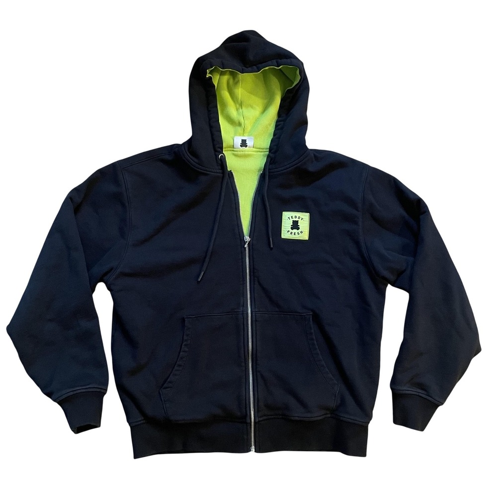 Teddy Fresh Hoodie Mens XL Waffle Thermal Lined Zip Black Neon Green Heavy OOP